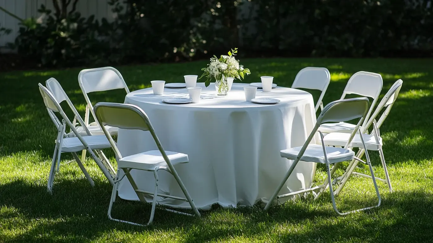 White folding chairs arranged around a round rental table outdoors